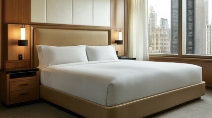 A sleek and modern American bed with high-quality linens, set in a minimalist bedroom with ample natural light and plenty of copy space.