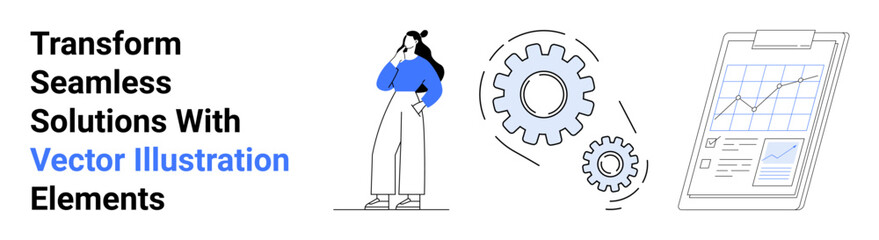 Thoughtful woman, interlocking gears, and analytics clipboard highlight strategy, teamwork, automation, data, efficiency, and innovation. Ideal for tech management startups strategy education