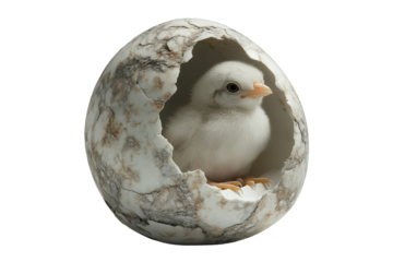 A delicate, white bird hatches from a beautifully textured marble egg, symbolizing new beginnings and the fragile beauty of life.