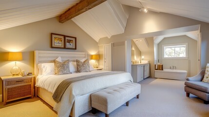 A spacious American bed with cozy linens and soft pillows, set in a calming room with soft lighting and open space for brand text or design.