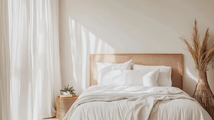 A spacious American bed with smooth linens, a simple headboard, and a calm, minimalist bedroom offering plenty of space for design.