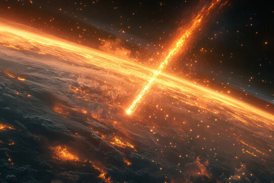 Large asteroid in the distance of Earth, looming ominously.