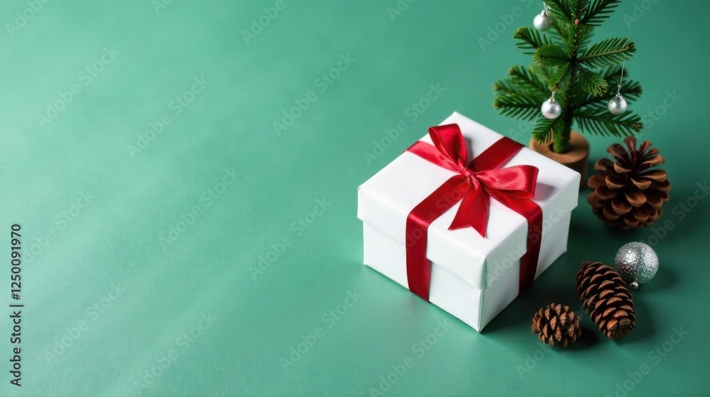 Poster A Festive Gift Box with a Red Bow, Adorned by Miniature Pine Cones and a Decorated Christmas Tree on a Teal Background