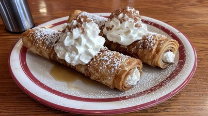A delicious plate of dessert featuring rolled pastries filled with cream, topped with whipped cream and powdered sugar.