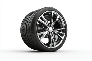 Glossy black car wheel on white background. AI generated