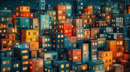 A vibrant cityscape at night, showcasing colorful buildings with illuminated windows.