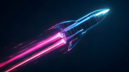 Vibrant neon rocket in blue and pink hues, glowing with futuristic energy, ideal for sci-fi and digital art concepts