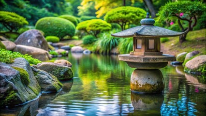 Serene water feature in Japanese Zen garden with a small stone lantern , zoo gardens, peaceful