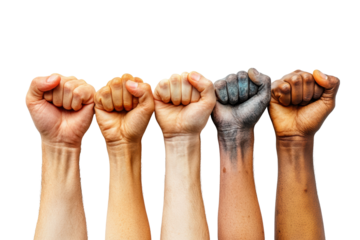 A diverse group of hands raised in solidarity, symbolizing strength and unity. This powerful image represents the fight for equality and justice.