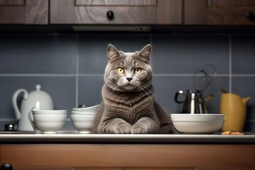 Grey british shorthair cat lying between white ceramic bowls in modern kitchen interior. Funny pet chef, pet food concept. Kitchen humor. Home lifestyle with domestic animal
