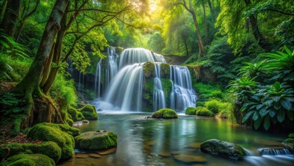 waterfall flowing through dense foliage in a serene forest setting, wilderness area