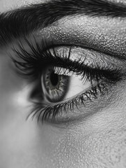 Obraz premium Close-up of a woman's eye with shimmering gold glitter accentuating the eyelid and lashes, creating a captivating and glamorous look.