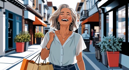 Fototapeta premium A middle aged woman joyful with soft waves wearing a summer chiffon blouse carrying grocery bags in an urban district in a simple hand drawing flat line design
