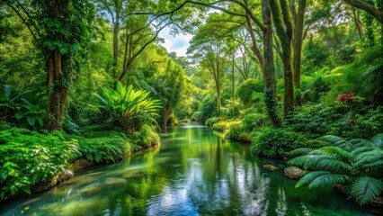 Water meandering through dense foliage amidst tall trees and vibrant greenery in a secluded area, outdoor environment, lush greenery