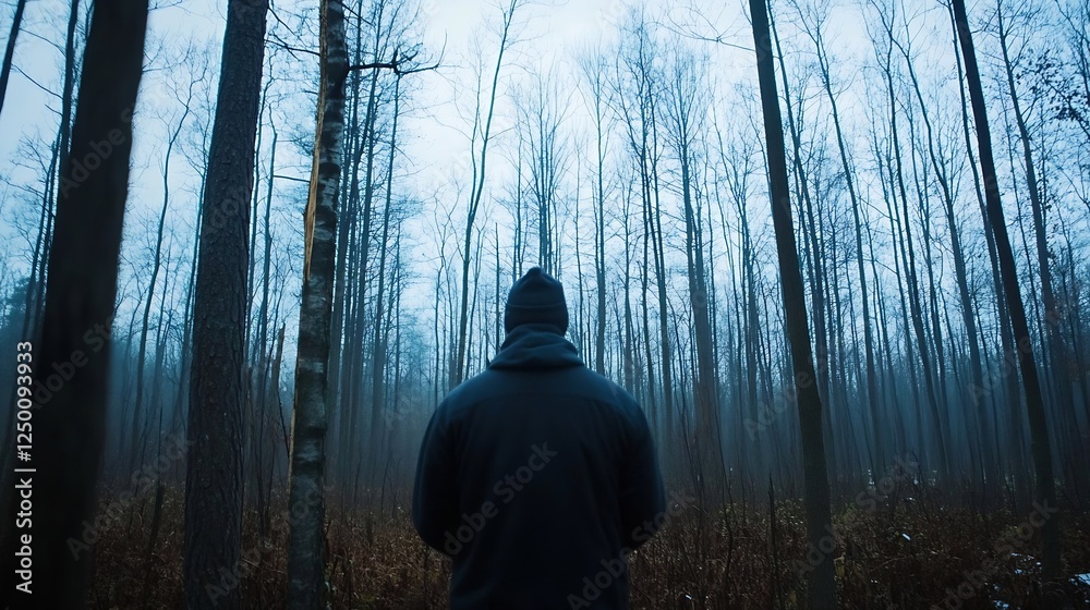 Poster Lonely man standing in a misty forest setting surrounded by tall trees during twilight hours : Generative AI