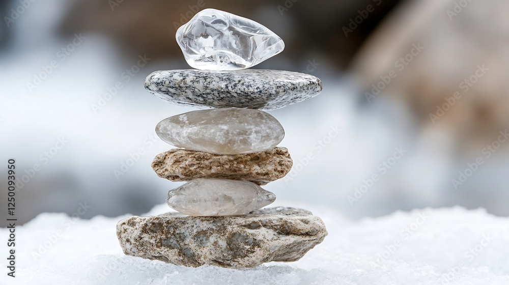 Aufkleber stack of smooth stones with ice on top balanced on natural surface : generative ai