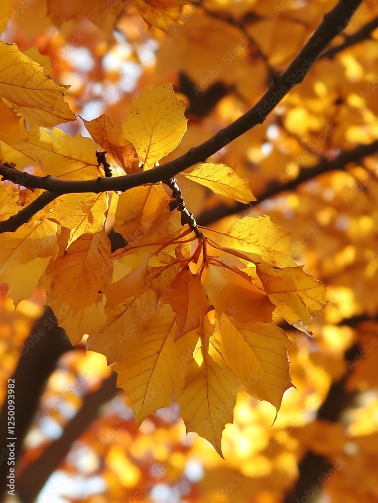 Aufkleber golden autumn leaves on a branch with sunlight enhancing their warm color : generative ai