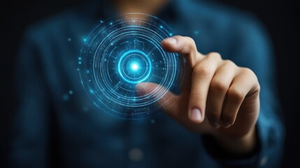 Woman touching futuristic digital interface.