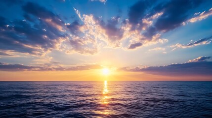 Obraz premium Dramatic Sunset over the Ocean with Cloudy Sky and Reflective Water Surface : Generative AI