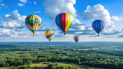 Fototapeta premium A vibrant bunch of helium-filled rainbow balloons soaring above an open landscape, the sky offering large copy space.