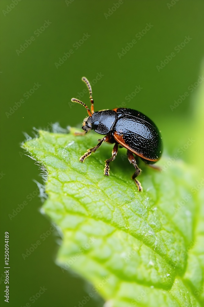 Poster close up of a black beetle crawling on a green leaf in nature showcase : generative ai