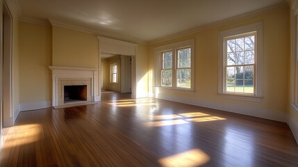 Fototapeta premium Bright and Airy Unfurnished Living Room with Sunlit Windows : Generative AI