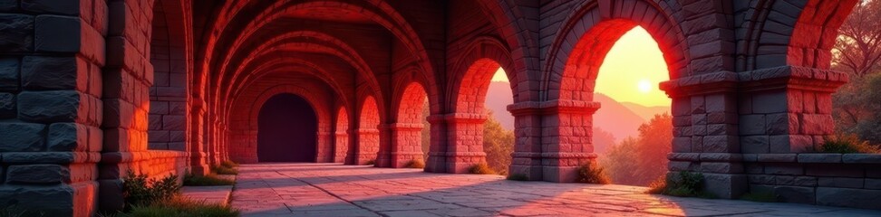Crimson dawn paints weathered stone cloister arches; light streams through , dark, stone, sunrise