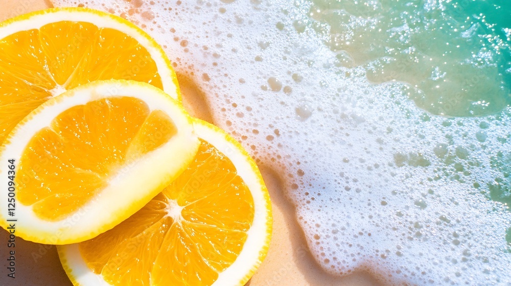Aufkleber fresh bright orange slices on sandy beach with gentle ocean waves perfect for summer vibes : generat