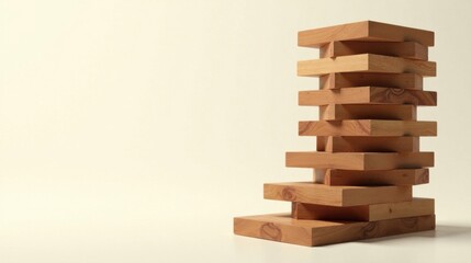 A precisely stacked arrangement of light brown wooden blocks, creating a visually appealing and balanced structure, suggesting concepts of stability, construction, and design.