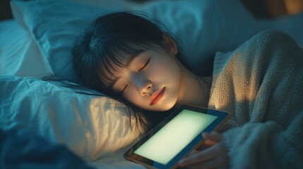 Young woman asleep in bed holding tablet.