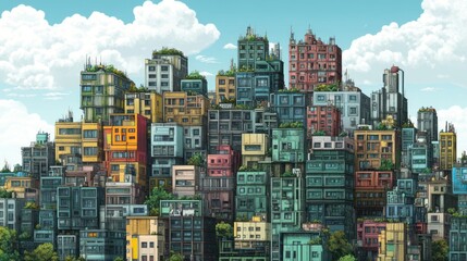 Obraz premium A vibrant cityscape filled with colorful buildings and greenery, showcasing urban life.