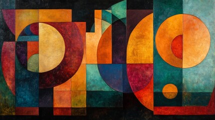 Fototapeta premium Abstract geometric painting rich warm hues overlapping shapes. AI Generated