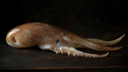 Fototapeta premium A whole fresh squid placed on a dark wooden table with soft lighting and plenty of space for product text or branding.