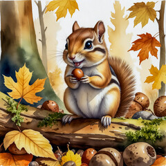 Fototapeta premium Watercolor Illustration of a Chipmunk Gathering Acorns – A small chipmunk with bright eyes stuffs its cheeks full of acorns, 