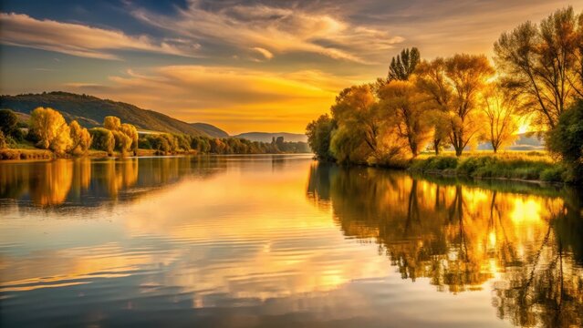 Serene Rhine River Sunset, reflecting golden hues on the water as trees and hills are set ablaze by warm light, rhine river at dusk, germersheim riverbank