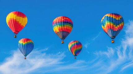 Obraz premium A wide panoramic view of rainbow balloons floating at different heights in a deep blue sky, ample copy space for text placement.