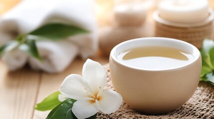 Aromatherapy Bowl with White Flower and Natural Spa Elements in Relaxing Setting : Generative AI