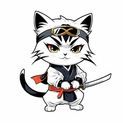 cute chibi white cat ninja with sword and black mask sticker
