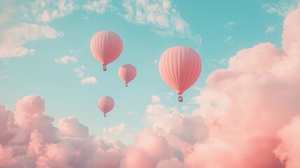 Obraz premium Balloons ascending into a sky filled with cotton candy clouds, dreamy copy space.