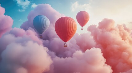 Fototapeta premium Balloons ascending into a sky filled with cotton candy clouds, dreamy copy space.