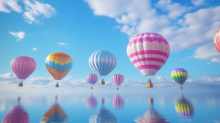 Obraz premium Balloon festival in full swing, colorful hot air balloons drifting over a calm lake reflecting the vibrant sky, ample copy space for branding.