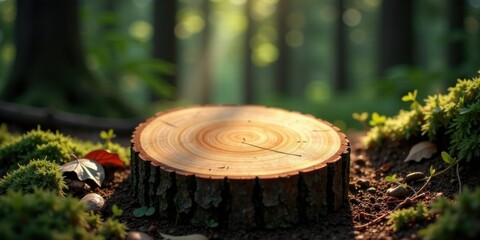 Serene Forest Setting Sunlit Tree Stump Display with Moss and Ground Cover