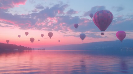 Fototapeta premium Balloon festival in full swing, colorful hot air balloons drifting over a calm lake reflecting the vibrant sky, ample copy space for branding.