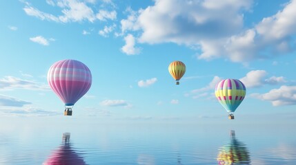 Obraz premium Balloon festival in full swing, colorful hot air balloons drifting over a calm lake reflecting the vibrant sky, ample copy space for branding.
