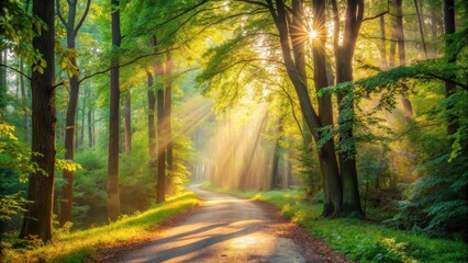 Obraz premium Sunlight filtering through leafy branches onto a winding forest path surrounded by towering trees and vibrant foliage in early morning light, outdoors, forest path