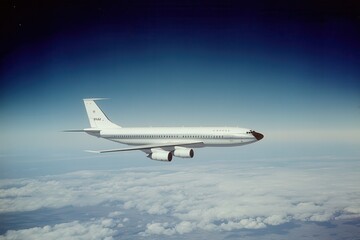 Obraz premium White airplane flying above clouds in daytime.