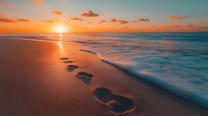 Obraz premium Sunset Beach Footprints Ocean Waves Golden Hour
