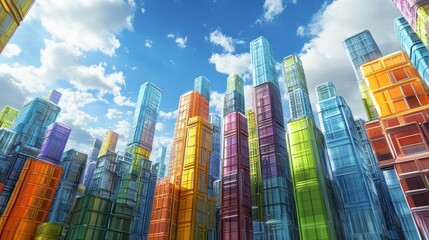 Obraz premium A vibrant cityscape of colorful, transparent skyscrapers under a bright blue sky.