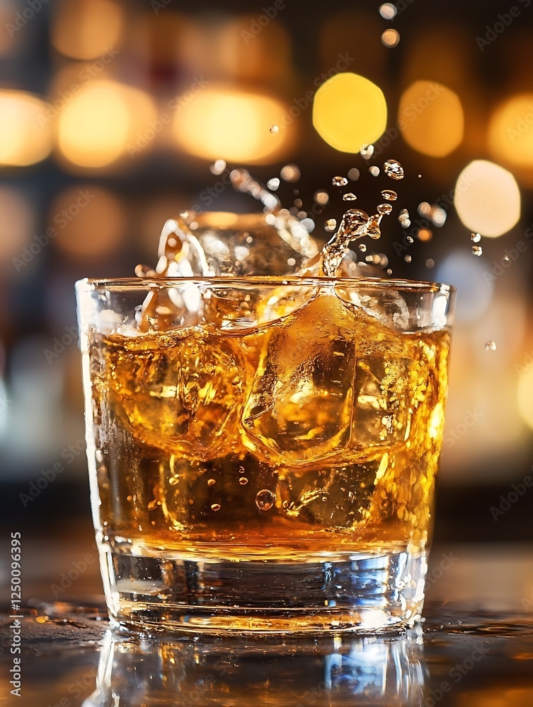 Poster refreshing splash of whiskey over ice in glass capturing luxury and indulgence : generative ai
