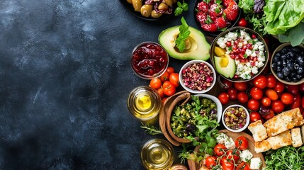 Delicious Assortment of Fresh Organic Food in Bowls Including Vegetables and Berries on a Dark Background : Generative AI